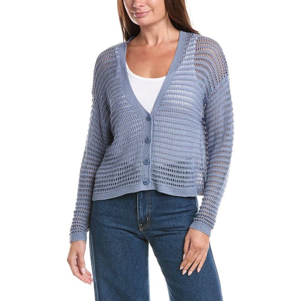 Max Studio Womens  Open Weave Long Sleeve Linen-Blend Cardigan, Blue